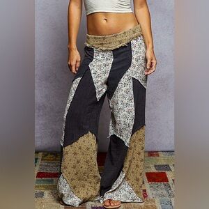 ⭐️NEW⭐️POL Boho Patchwork Wide-Leg Black Multi Loungewear Pants 100%Cotton Gauze